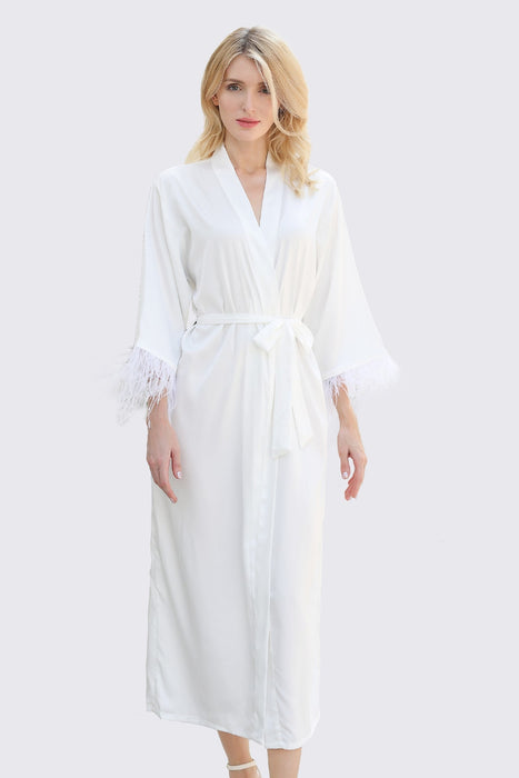 Long Feather Satin Robe For Bridesmaid in Champagne