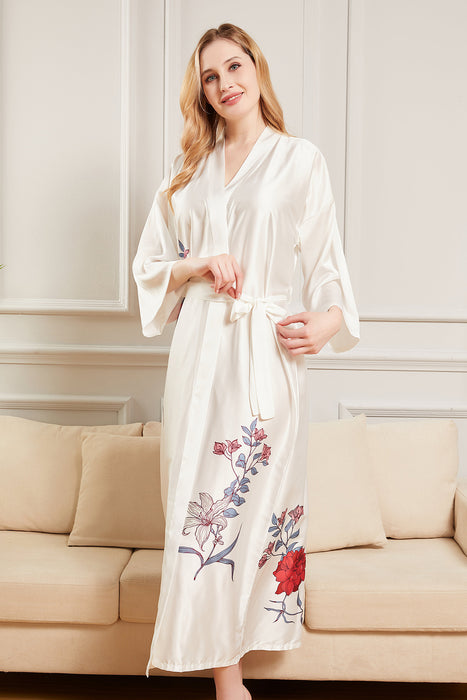 Black Long Printing Floral Robe Satin Robe For Women