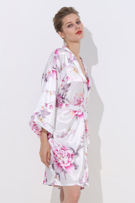 Women Floral Satin Robe Grey Knee Length Sleepwear