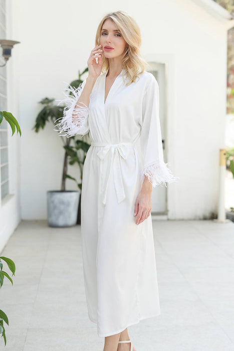 Long Feather Satin Robe For Bridesmaid in Champagne