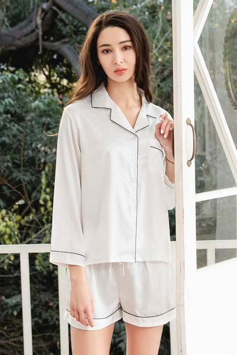 Satin Pajama Set Long Sleeves With Shorts For Women White Sleepwear