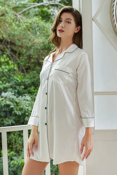 White Satin Shirt Knee Length For Women Sleepwear