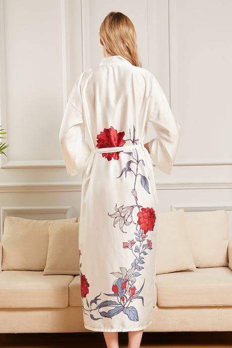 Black Long Printing Floral Robe Satin Robe For Women