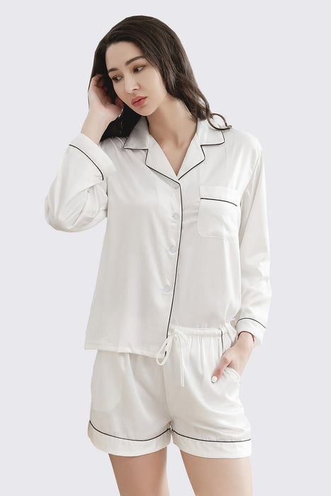 Satin Pajama Set Long Sleeves With Shorts For Women Black Sleepwear