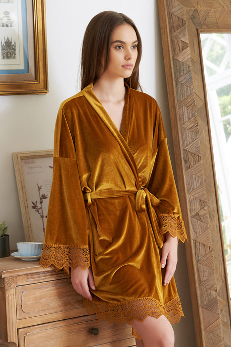 Velvet Short Lace Robe Olive Green Robe For Women